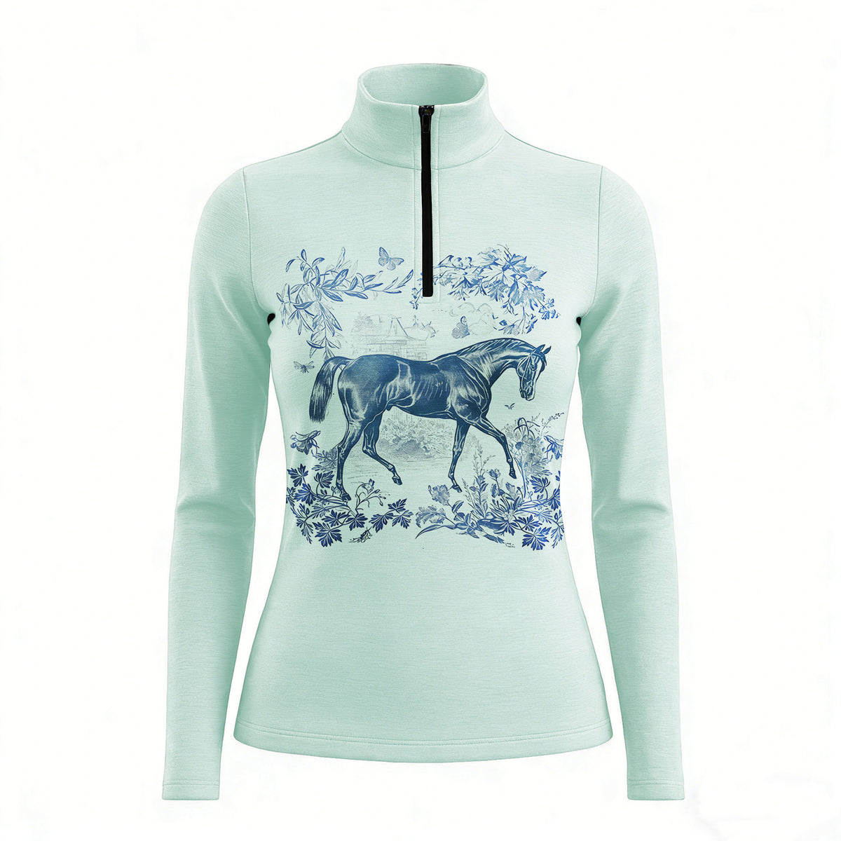 RIDER ATELIER Toile de Jouy horse sage green quarter-zip top on white background, front view
