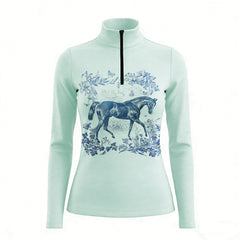 RIDER ATELIER Toile de Jouy horse sage green quarter-zip top on white background, front view