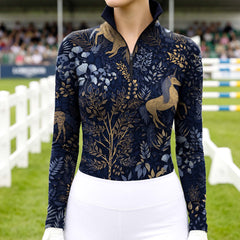 Model wearing the RIDER ATELIER Midnight Unicorn & Forest Print Riding Top at an outdoor equestrian arena, with a white fence in the background
