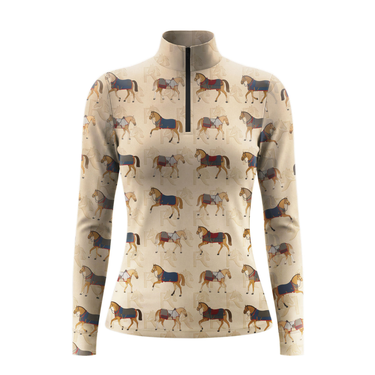 Studio flat view of the RIDER ATELIER Vintage Show Horse Print Long-Sleeve Quarter-Zip Riding Top, showcasing the full pattern and quarter-zip collar
