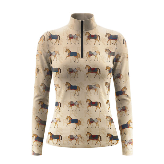 Studio flat view of the RIDER ATELIER Vintage Show Horse Print Long-Sleeve Quarter-Zip Riding Top, showcasing the full pattern and quarter-zip collar

