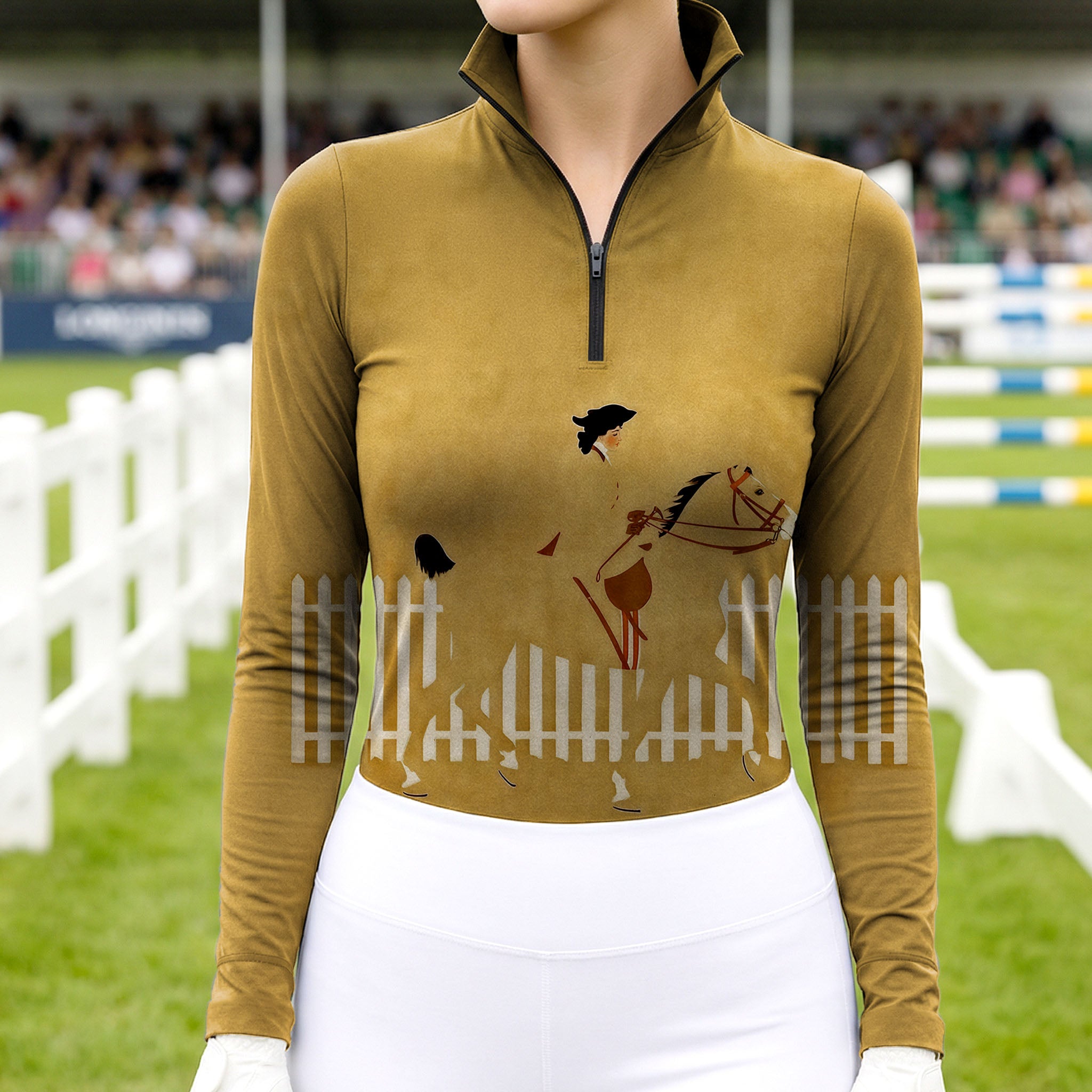Woman wearing RIDER ATELIER vintage show jumping quarter-zip top at the show jumping arena
