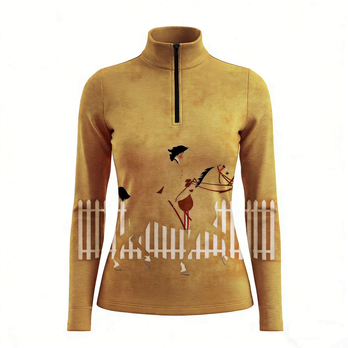 RIDER ATELIER vintage show jumping quarter-zip top on white background, front view
