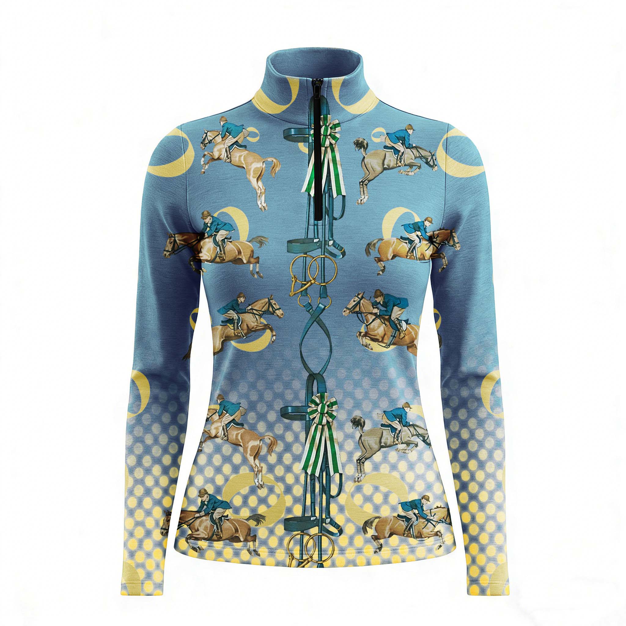 RIDER ATELIER vintage show jumping teal quarter-zip top on white background, front view