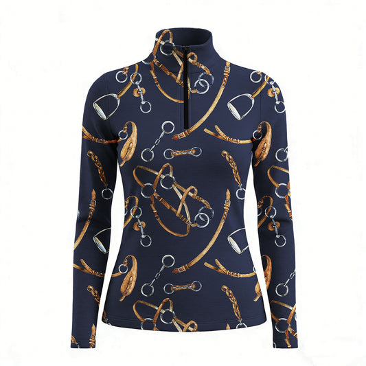 RIDER ATELIER watercolor bridle navy quarter-zip top on white background, front view