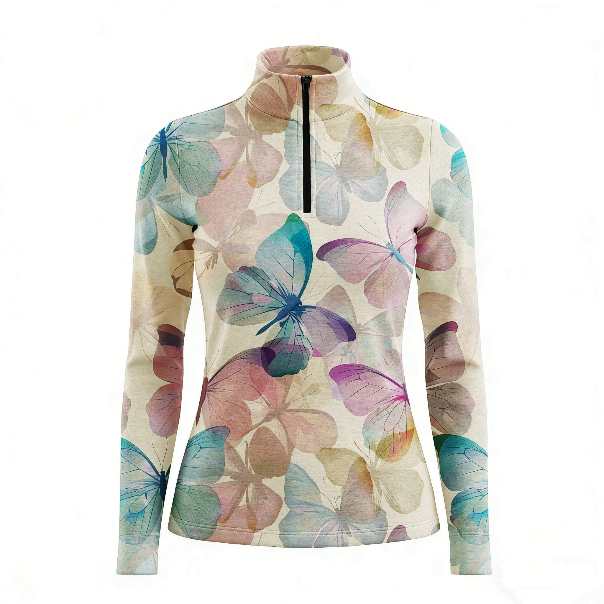 RIDER ATELIER watercolor butterfly beige quarter-zip top on white background, front view
