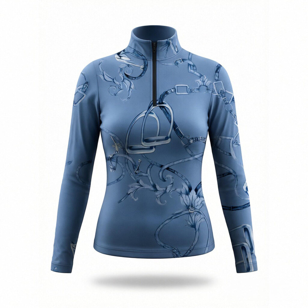 RIDER ATELIER watercolor equestrian bit & bridle equestrian quarter-zip top in light blue on white background