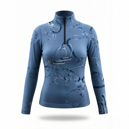 RIDER ATELIER watercolor equestrian bit & bridle equestrian quarter-zip top in light blue on white background