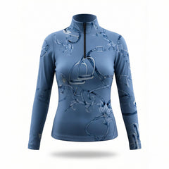 RIDER ATELIER watercolor equestrian bit & bridle equestrian quarter-zip top in light blue on white background