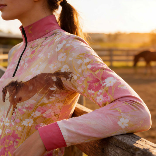 Closeup shot of the RIDER ATELIER Watercolor Floral Horse Print Long-Sleeve Quarter-Zip Riding Top at sunset, showcasing the dreamy watercolor print of a galloping horse and wildflowers on the gradient pink fabric, with the quarter-zip collar in view
