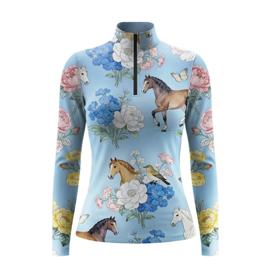 Studio flat view of the RIDER ATELIER Watercolor Floral Horse Print Long-Sleeve Quarter-Zip Riding Top, showcasing the full whimsical print
