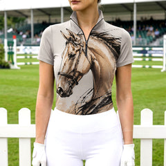 Model wearing the RIDER ATELIER Watercolor Portrait Horse Head Riding Top at an outdoor equestrian arena, with a white fence in the background
