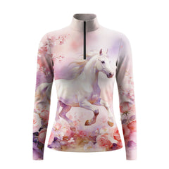 Studio flat view of the RIDER ATELIER Watercolor White Horse & Floral Long-Sleeve Quarter-Zip Riding Top, showcasing the full print and gradient base
