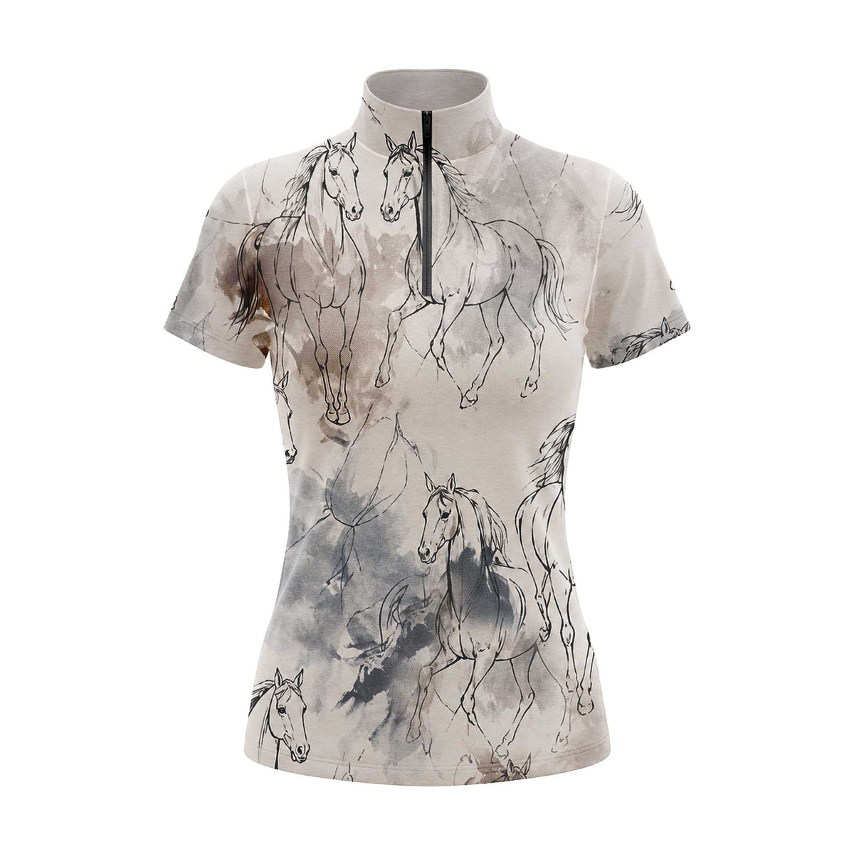 Studio shot of the RIDER ATELIER Watercolor Horse Sketch Print Short-Sleeve Quarter-Zip Riding Top, showing the full painterly print, warm off-white base, quarter-zip collar, and fabric texture against a clean white background
