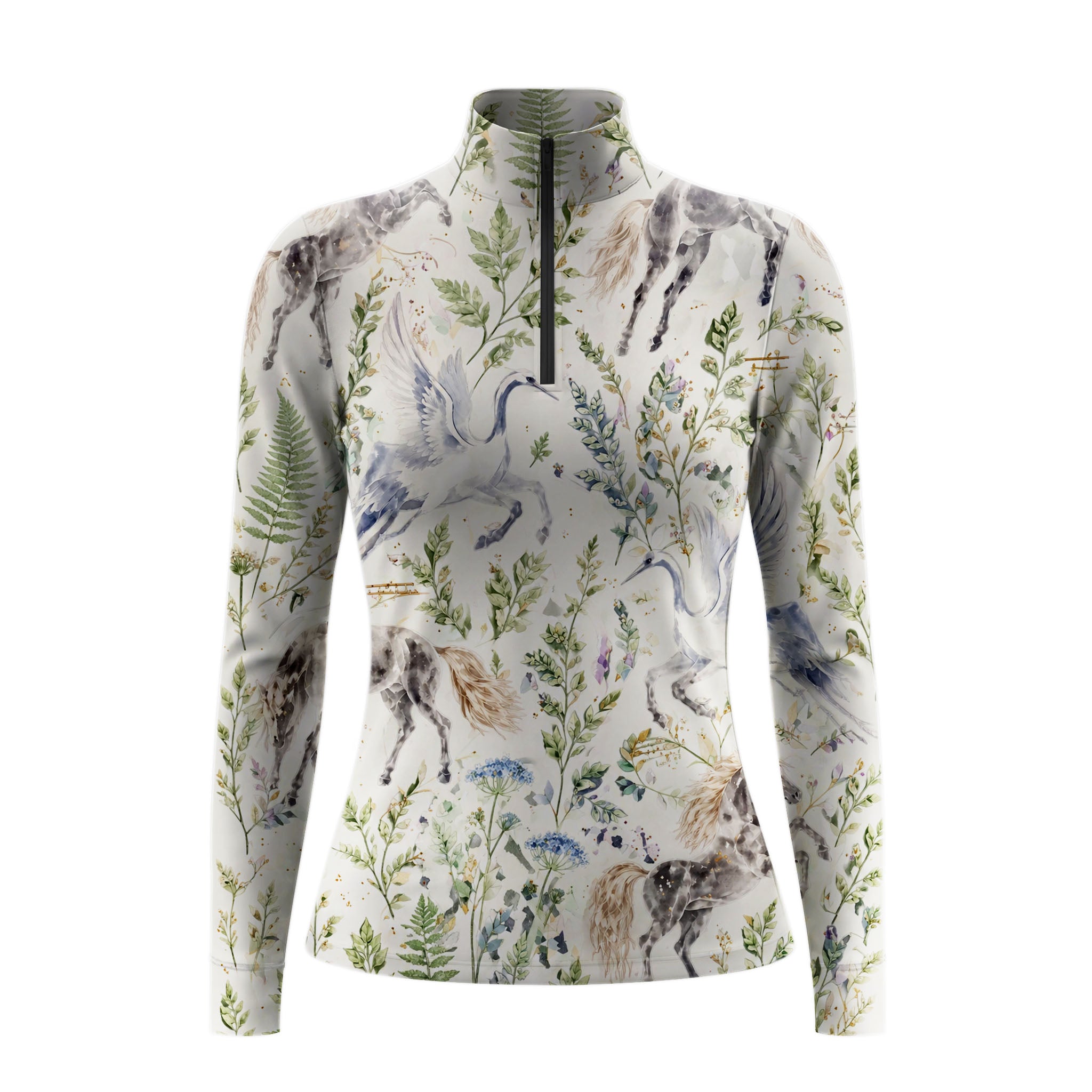 Studio flat view of the RIDER ATELIER Watercolor Pegasus & Botanical Print Long-Sleeve Quarter-Zip Riding Top, showcasing the full whimsical print

