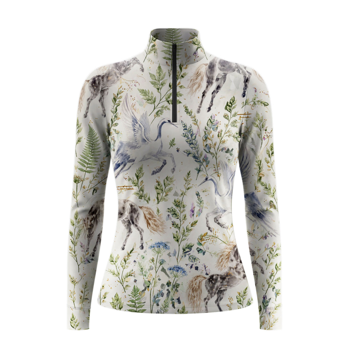 Studio flat view of the RIDER ATELIER Watercolor Pegasus & Botanical Print Long-Sleeve Quarter-Zip Riding Top, showcasing the full whimsical print
