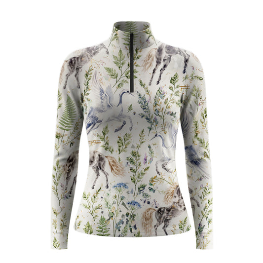 Studio flat view of the RIDER ATELIER Watercolor Pegasus & Botanical Print Long-Sleeve Quarter-Zip Riding Top, showcasing the full whimsical print
