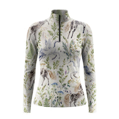 Studio flat view of the RIDER ATELIER Watercolor Pegasus & Botanical Print Long-Sleeve Quarter-Zip Riding Top, showcasing the full whimsical print
