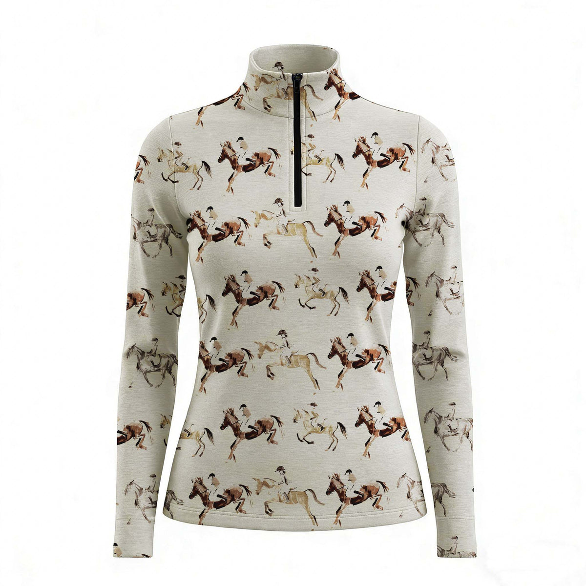 RIDER ATELIER watercolor show jumping quarter-zip top on white background, front view