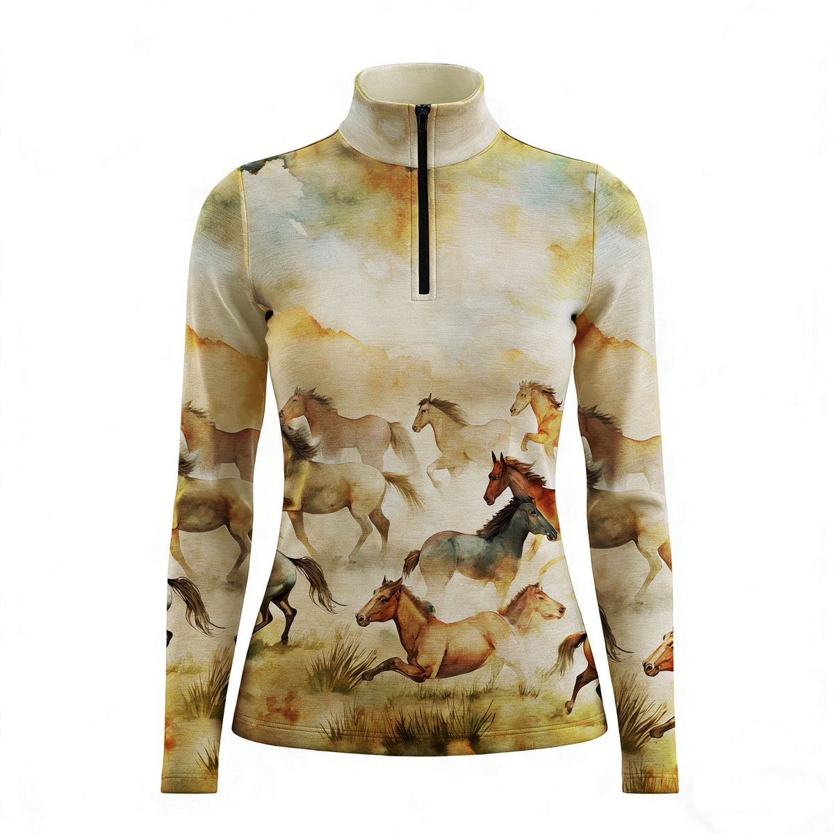RIDER ATELIER watercolor wild horses tan quarter-zip top on white background, front view