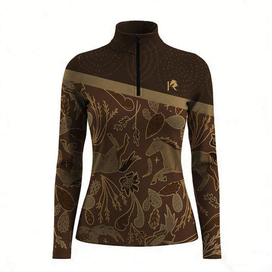 RIDER ATELIER western botanical horse brown quarter-zip top on white background, front view