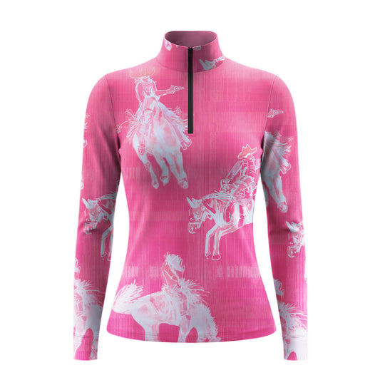 Studio shot of the RIDER ATELIER Pink Western Cowboy Print Long-Sleeve Quarter-Zip Riding Top, showing the full repeating print, quarter-zip collar, and fabric texture against a clean white background
