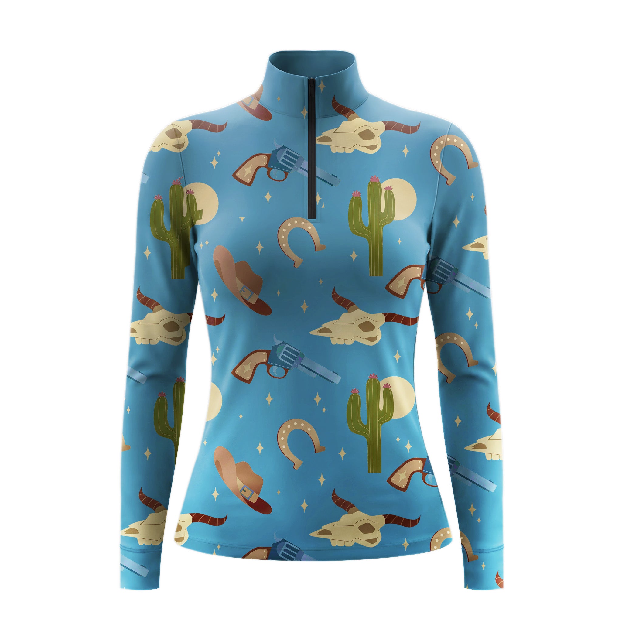 Studio flat view of the RIDER ATELIER Western Cowboy Print Long-Sleeve Quarter-Zip Riding Top, showcasing the full pattern and quarter-zip collar
