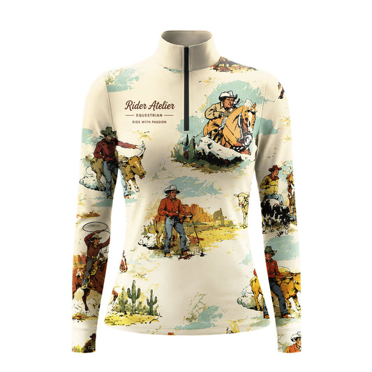 Studio flat view of the RIDER ATELIER Vintage Western Cowboy Print Long-Sleeve Quarter-Zip Riding Top, showcasing the full pattern and quarter-zip collar
