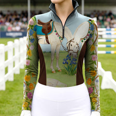 Woman wearing RIDER ATELIER whimsical horse and floral quarter-zip top at the show jumping arena