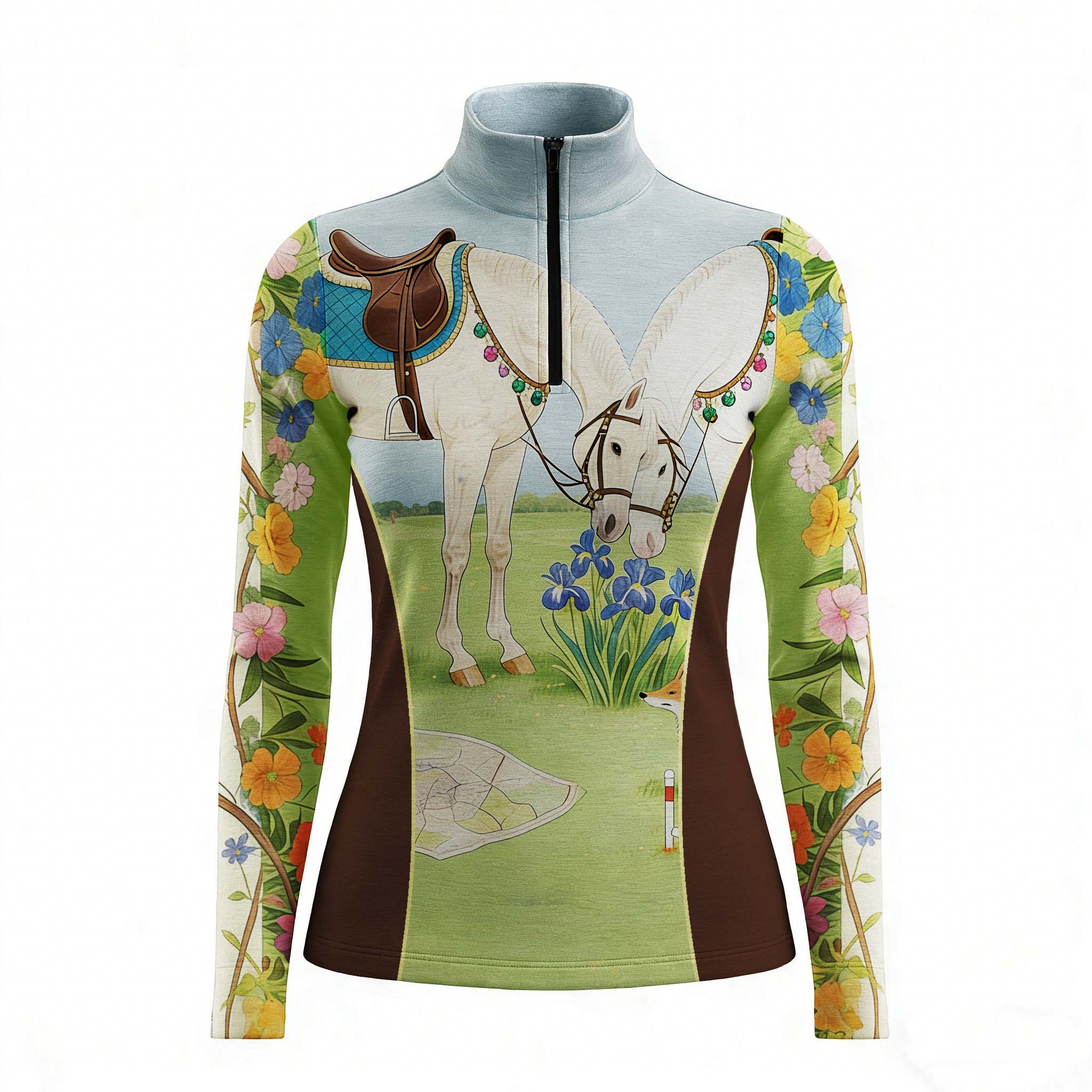 RIDER ATELIER whimsical horse and floral quarter-zip top on white background, front view