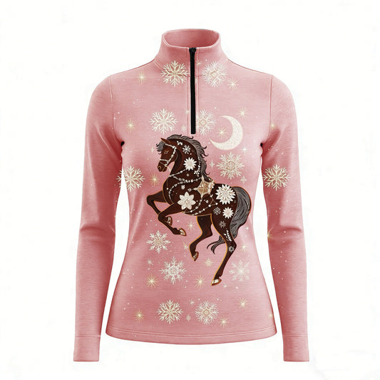 RIDER ATELIER winter celestial horse quarter-zip top on white background, front view
