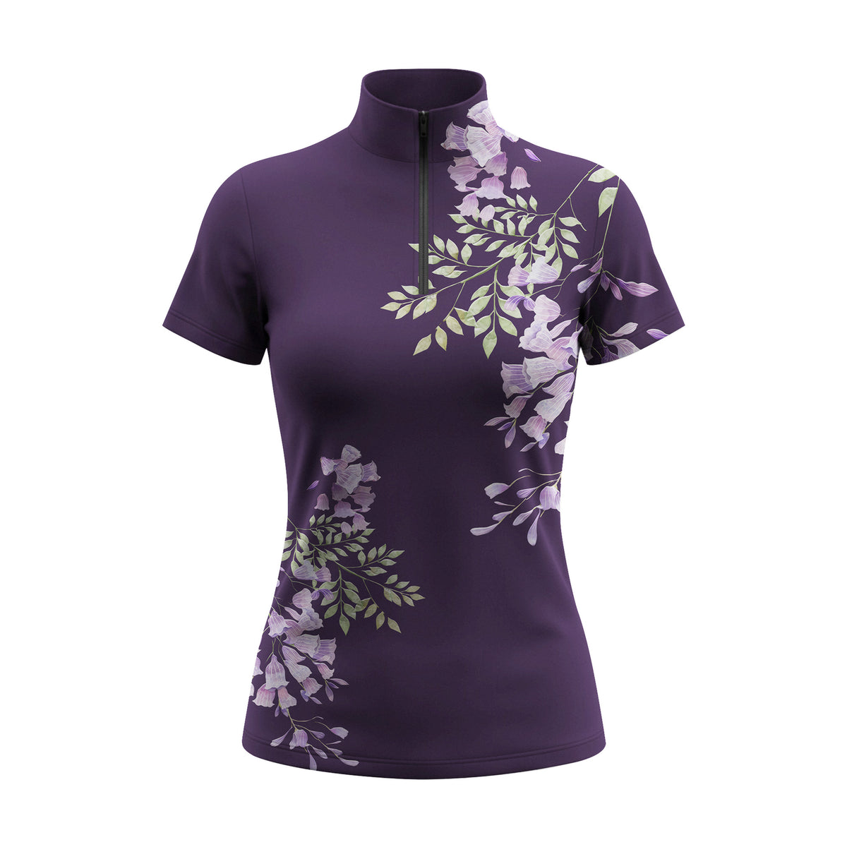 Studio flat view of the RIDER ATELIER Deep Purple Wisteria Floral Print Short-Sleeve Quarter-Zip Riding Top, showcasing the full pattern and quarter-zip collar
