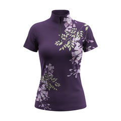 Studio flat view of the RIDER ATELIER Deep Purple Wisteria Floral Print Short-Sleeve Quarter-Zip Riding Top, showcasing the full pattern and quarter-zip collar
