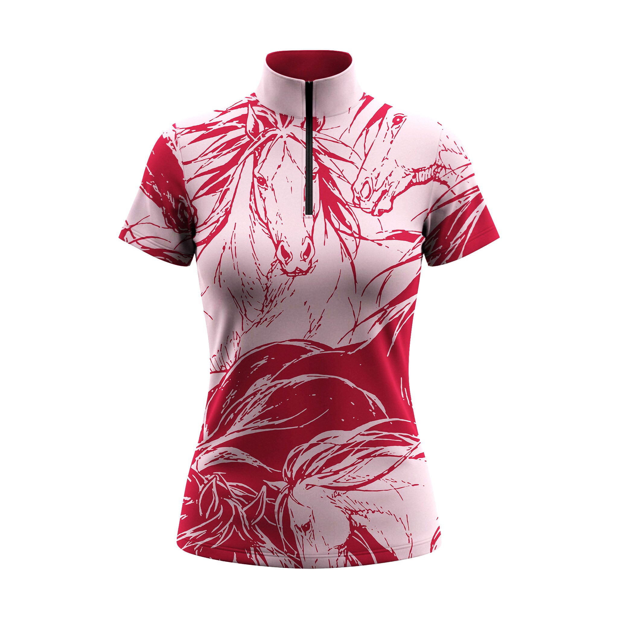 Model standing beside chestnut horse at sunlit dirt riding arena wearing high contrast red line art wild horse sketch short sleeve riding top
