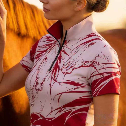 White background studio shot of off-white base bold crimson red sketch multiple galloping horses gradient hem allover print short sleeve quarter zip riding top
