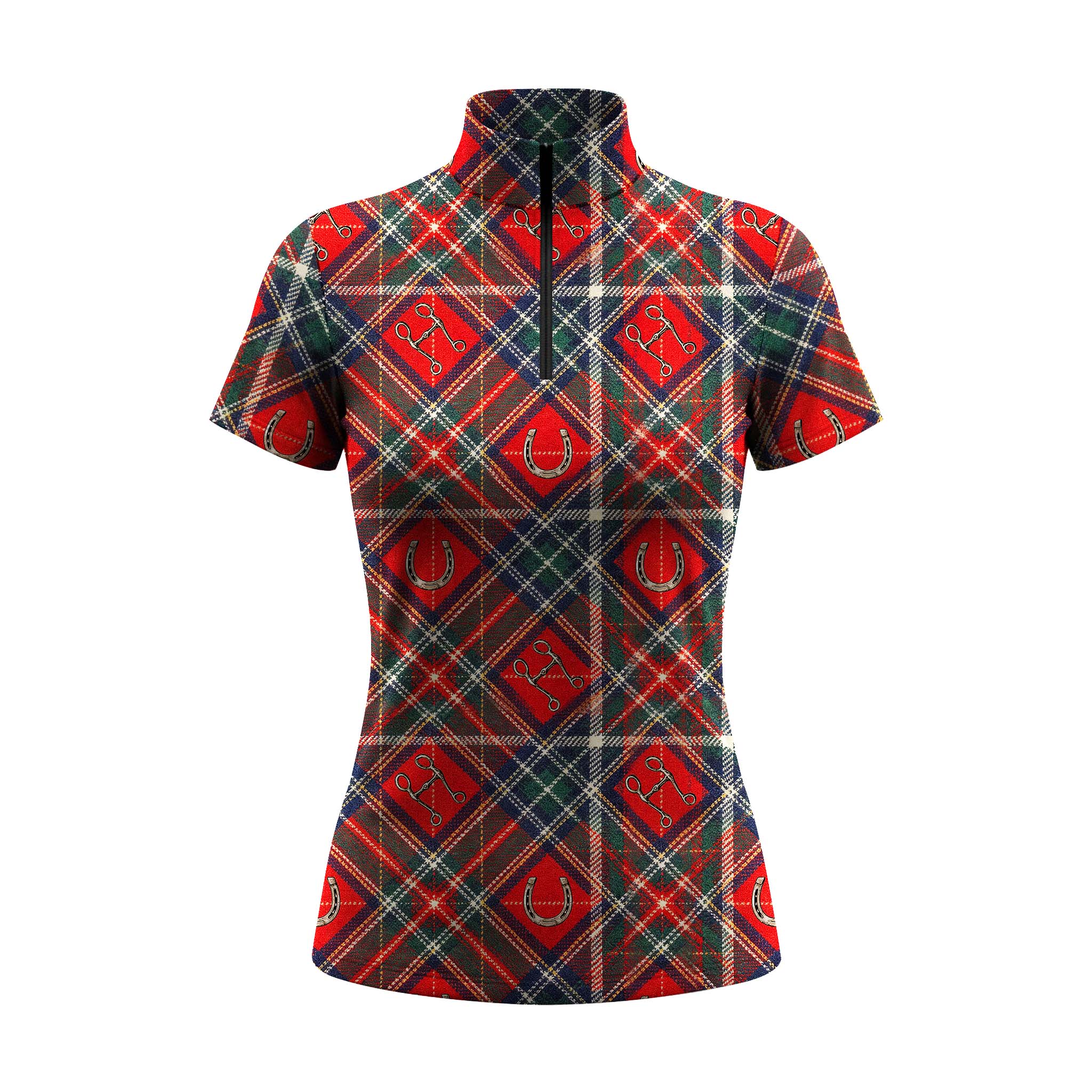 White background studio shot of red tartan plaid horseshoe and bit short sleeve quarter zip riding top