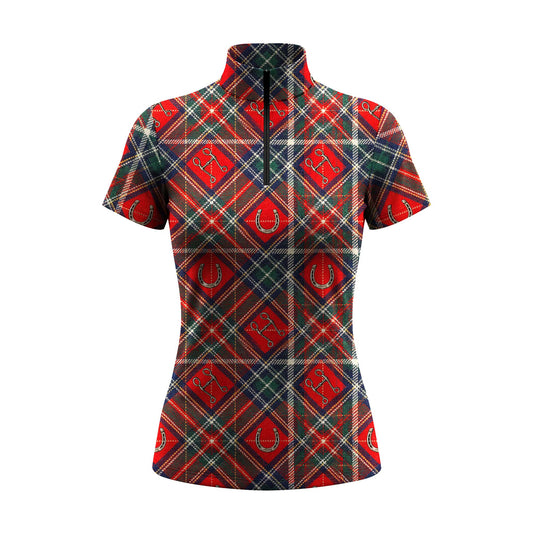 White background studio shot of red tartan plaid horseshoe and bit short sleeve quarter zip riding top