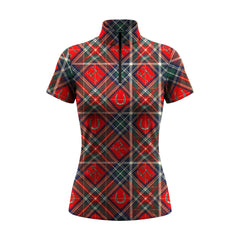 White background studio shot of red tartan plaid horseshoe and bit short sleeve quarter zip riding top