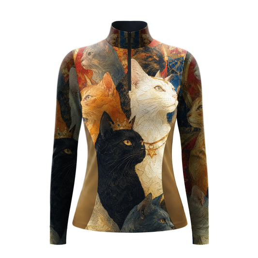 White background studio product shot of Renaissance oil painting crowned cat print long sleeve quarter-zip equestrian riding top
