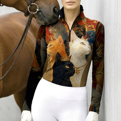 Model standing beside a horse leaning on grey stable wall showcasing the Renaissance crowned cat portrait print
