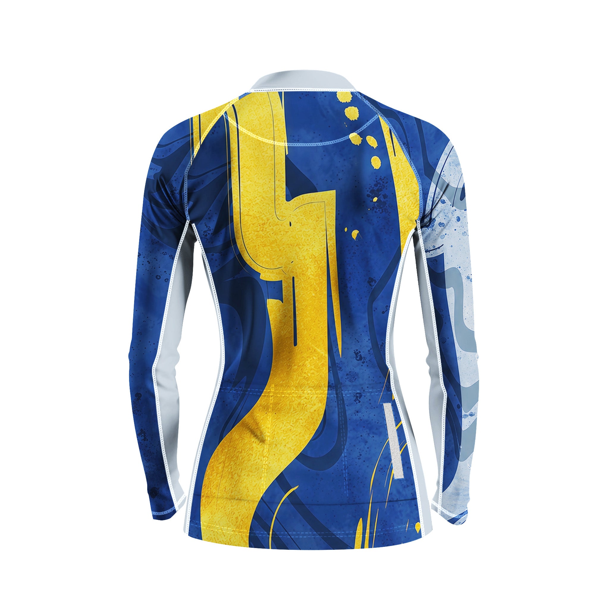 Back flat lay of women full zip racing cycling jersey full blue gold abstract brush print, rear storage pocket and reflective strip detail white background
