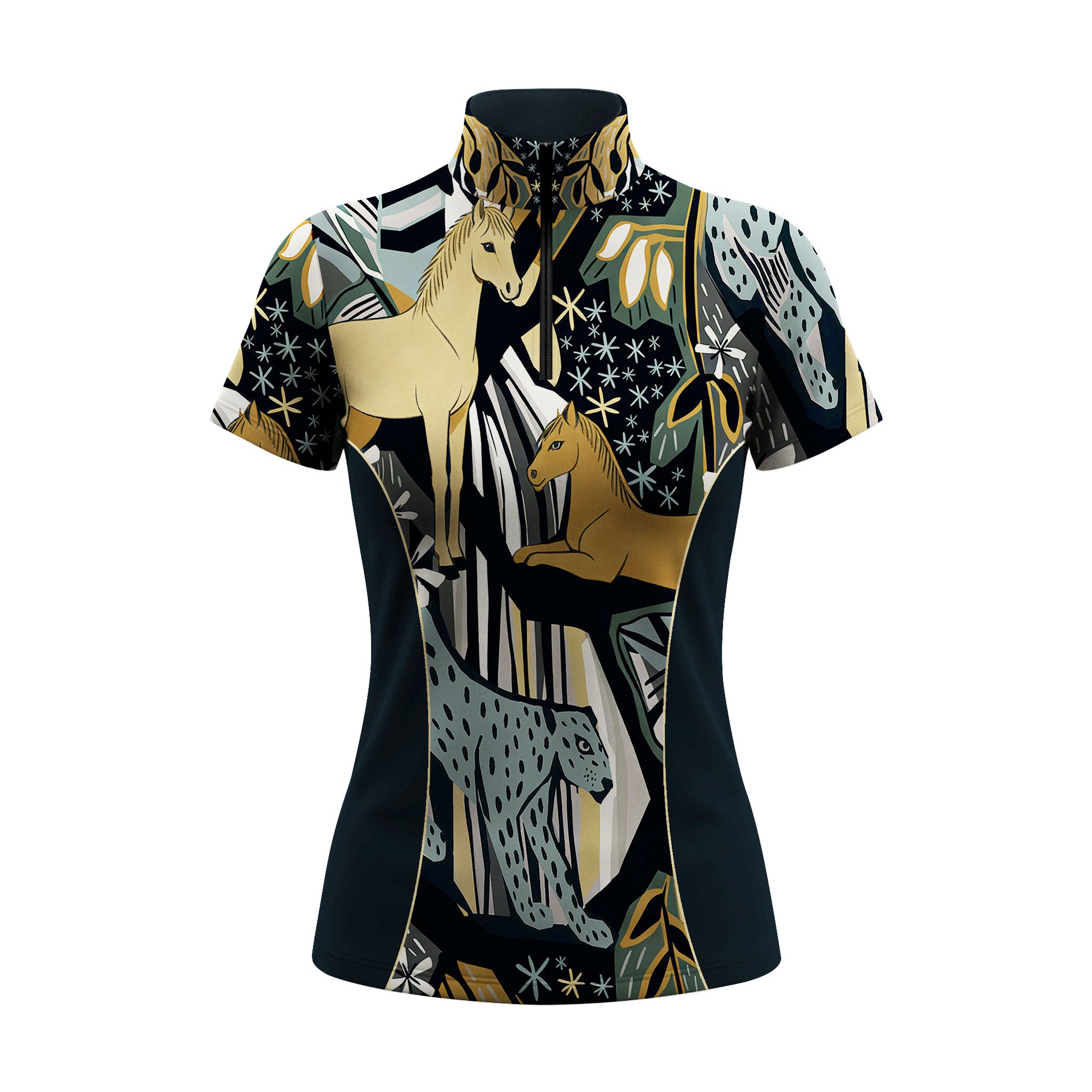 White background studio shot of jungle leopard & golden horse print side panel short sleeve quarter zip riding top