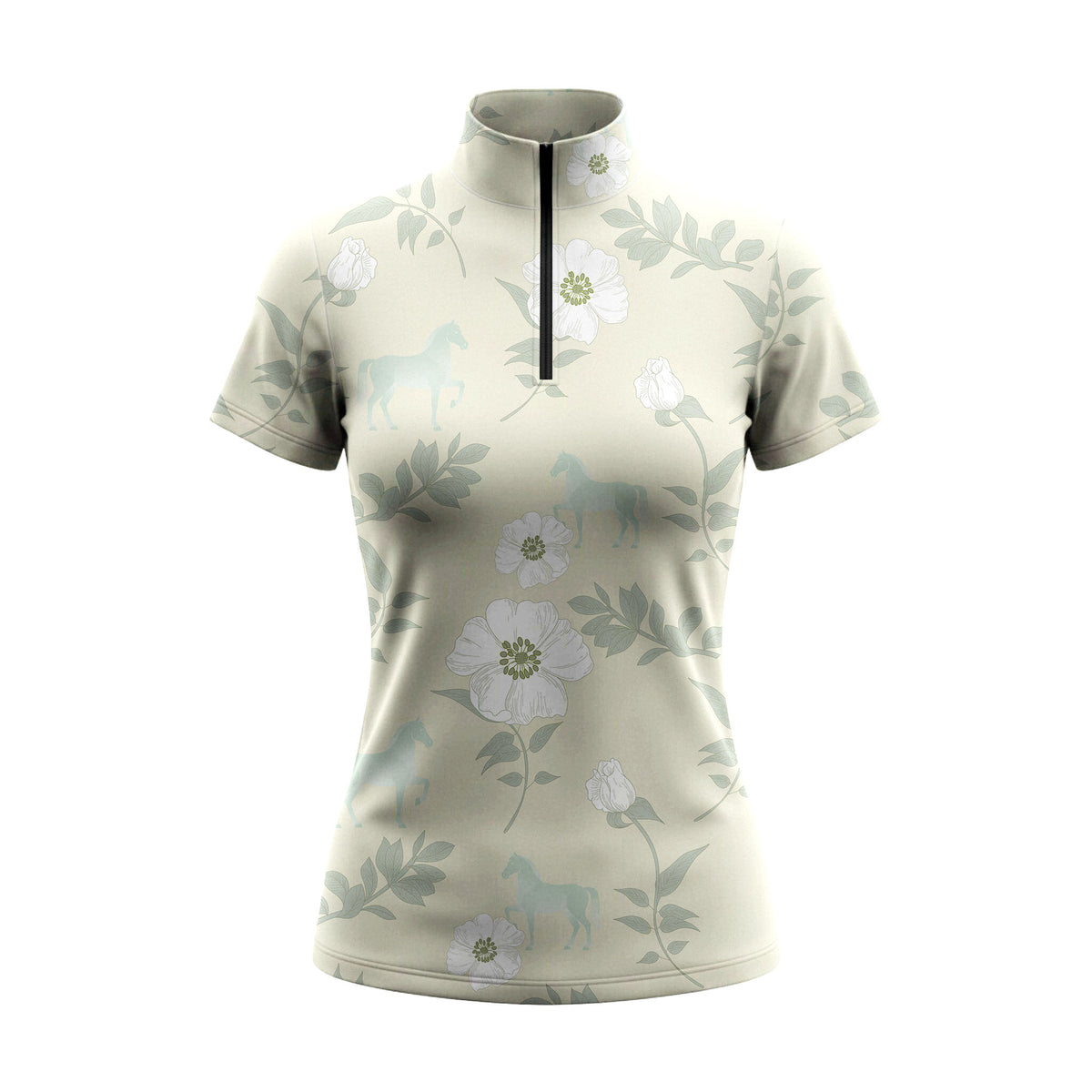 White background studio shot of soft sage white floral ghost horse print short sleeve quarter zip riding top