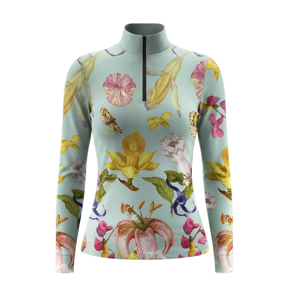 Model leaning against light grey stable wall beside chestnut horse wearing sage vintage tropical flower butterfly riding top

