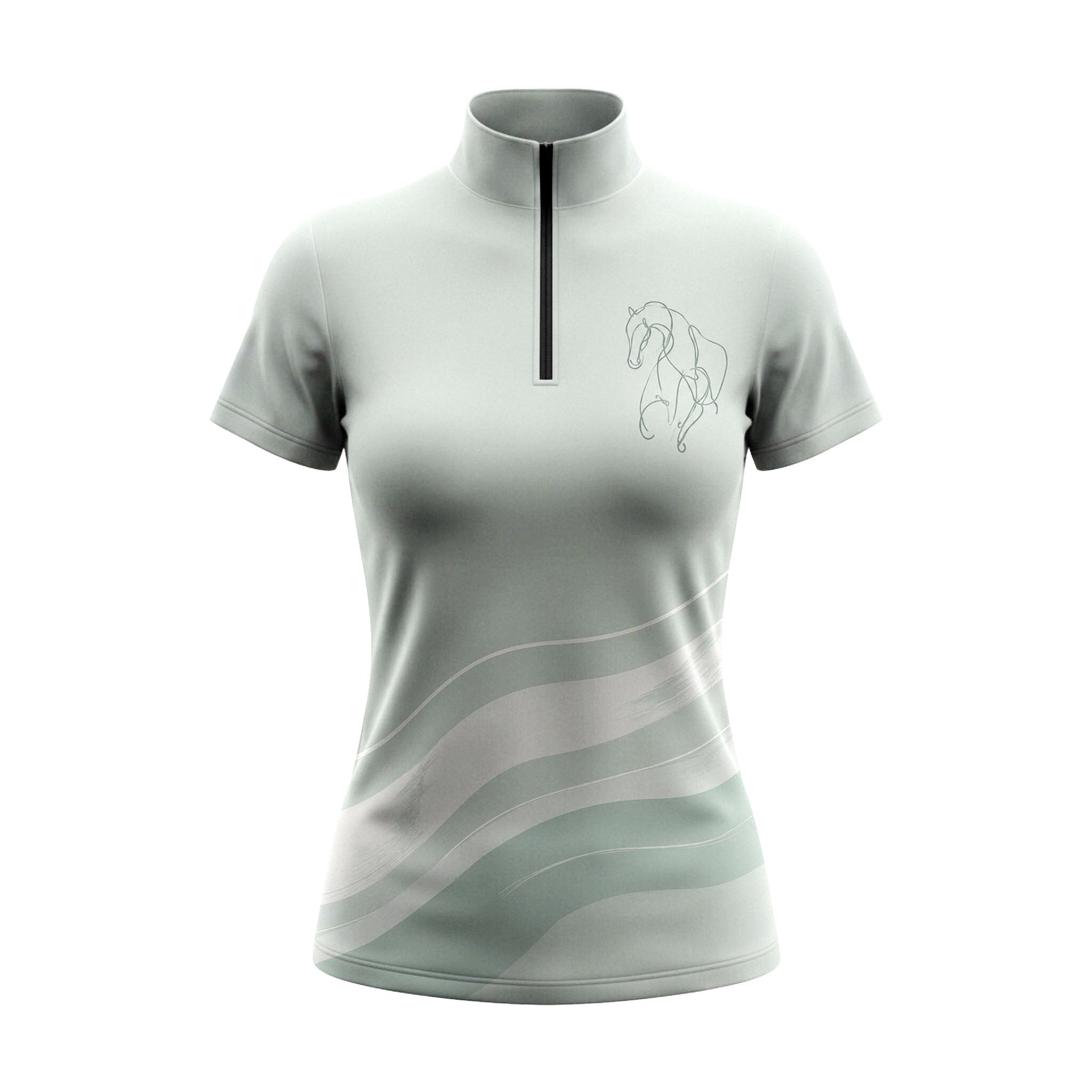 White background studio flat lay product shot of full sage green minimalist single line horse head chest graphic gradient curved wave stripe short sleeve quarter-zip equestrian riding top