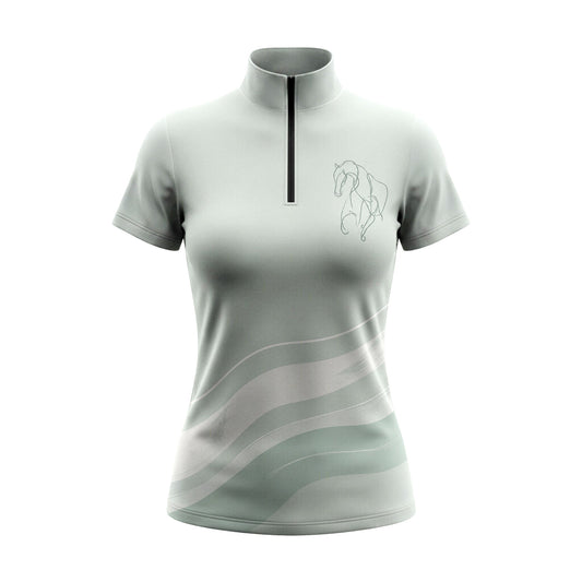 White background studio flat lay product shot of full sage green minimalist single line horse head chest graphic gradient curved wave stripe short sleeve quarter-zip equestrian riding top