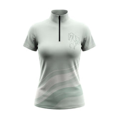 White background studio flat lay product shot of full sage green minimalist single line horse head chest graphic gradient curved wave stripe short sleeve quarter-zip equestrian riding top