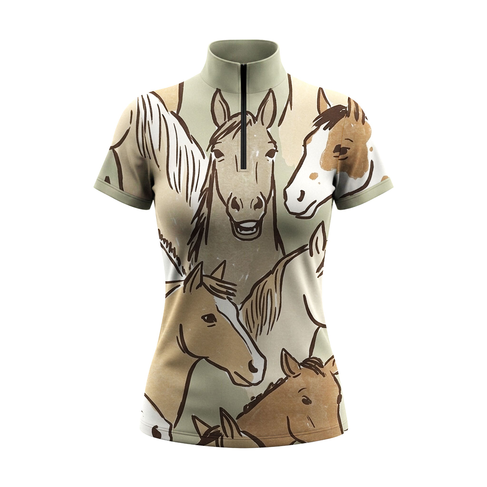 White background studio shot of muted sage green hand sketched overlapping horse head allover print short sleeve quarter zip riding top