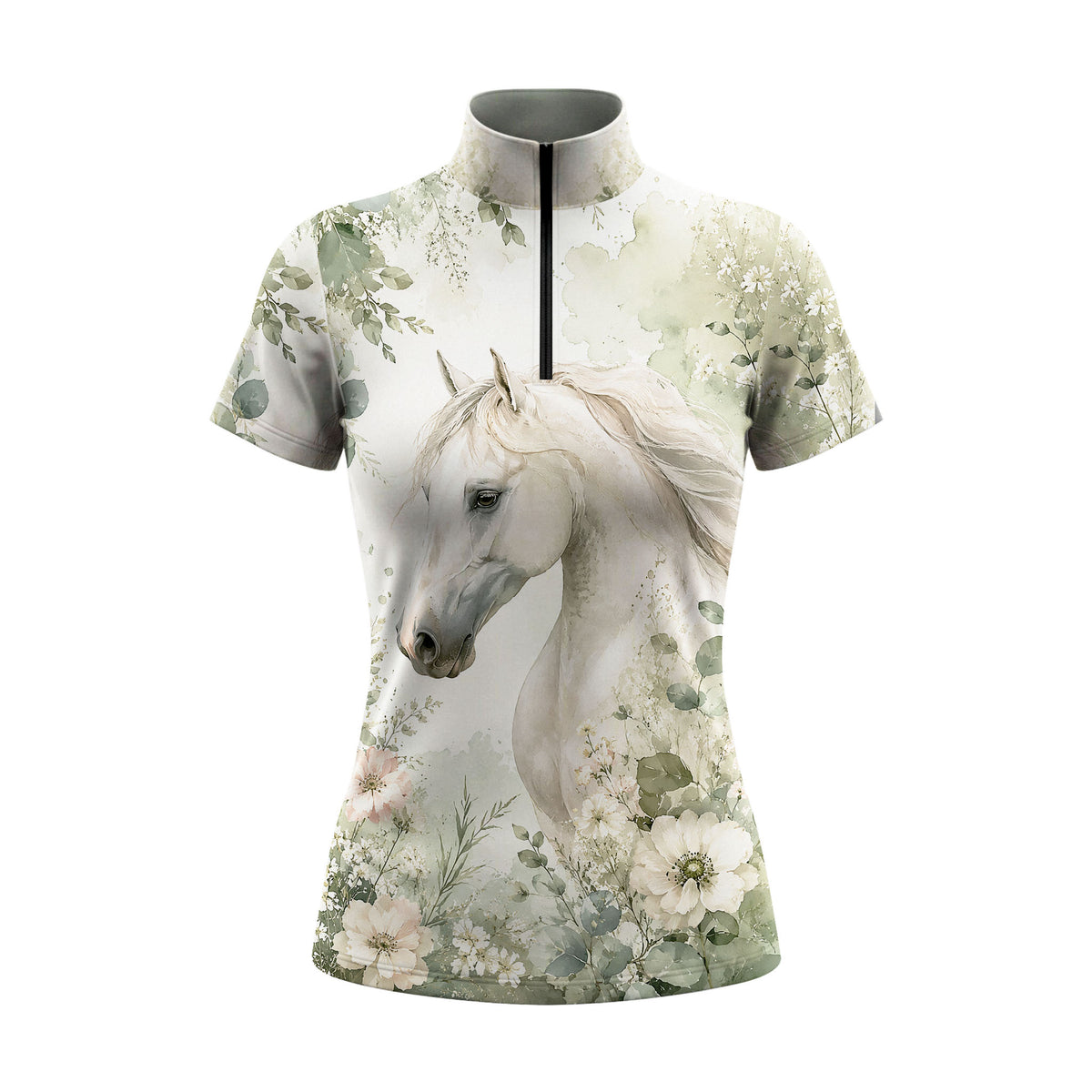 White background studio shot of off-white base soft sage watercolor white horse eucalyptus floral short sleeve quarter zip riding top
