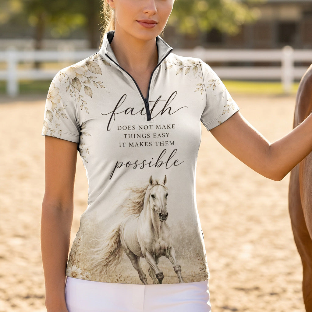 White background studio shot of faded sepia gradient faith quote galloping white horse cream daisy wildflower allover print short sleeve quarter zip riding top
